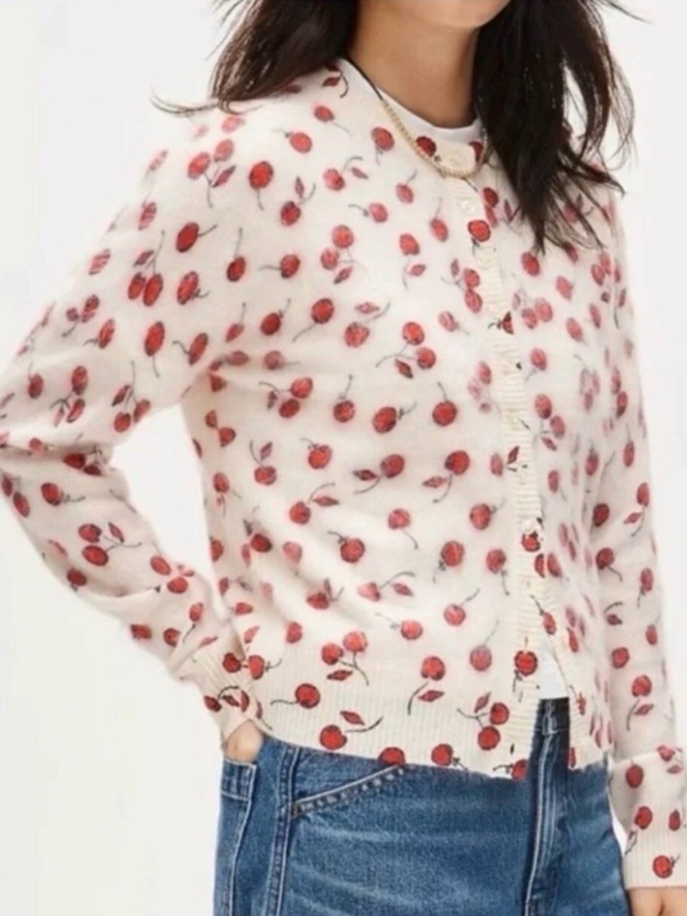 J. Crew Brushed Cashmere Cardigan Cherry Print Fuzzy - Picture 12 of 15